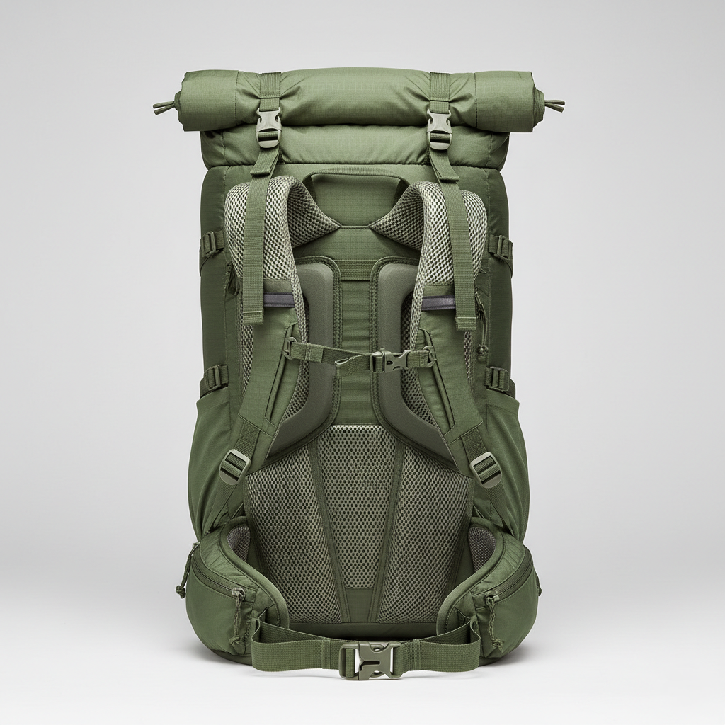 50L Hiking Backpack – Expandable Roll-Top, Ripstop Nylon, and Ventilated Back Support for Trekking
