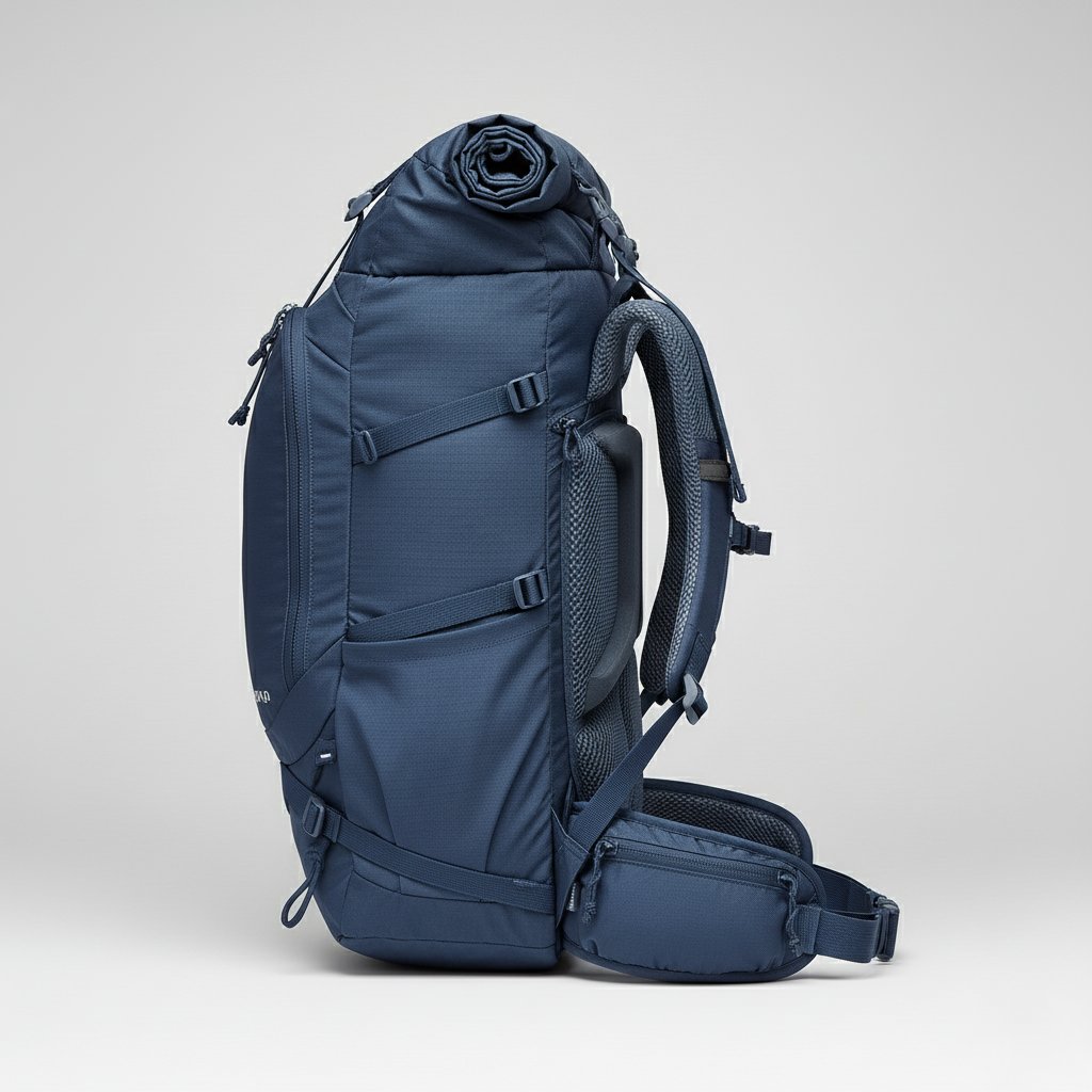 50L Hiking Backpack – Expandable Roll-Top, Ripstop Nylon, and Ventilated Back Support for Trekking